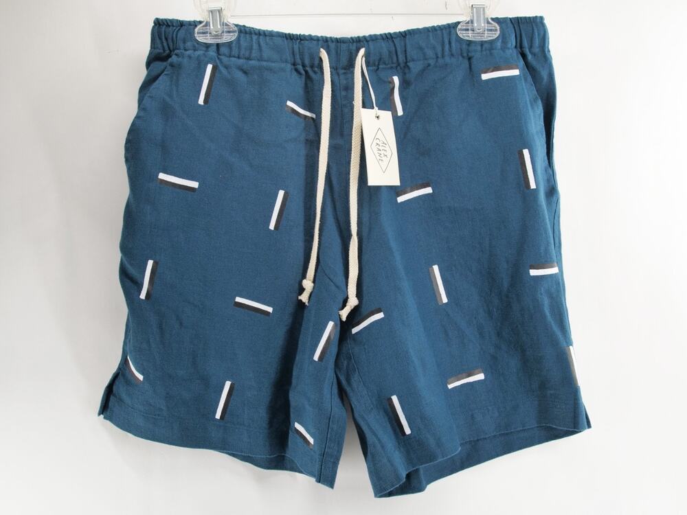 NWT Alex Crane Men's L 7" Teal Dashed Shorts 100% Linen Drawstring Elastic Waist